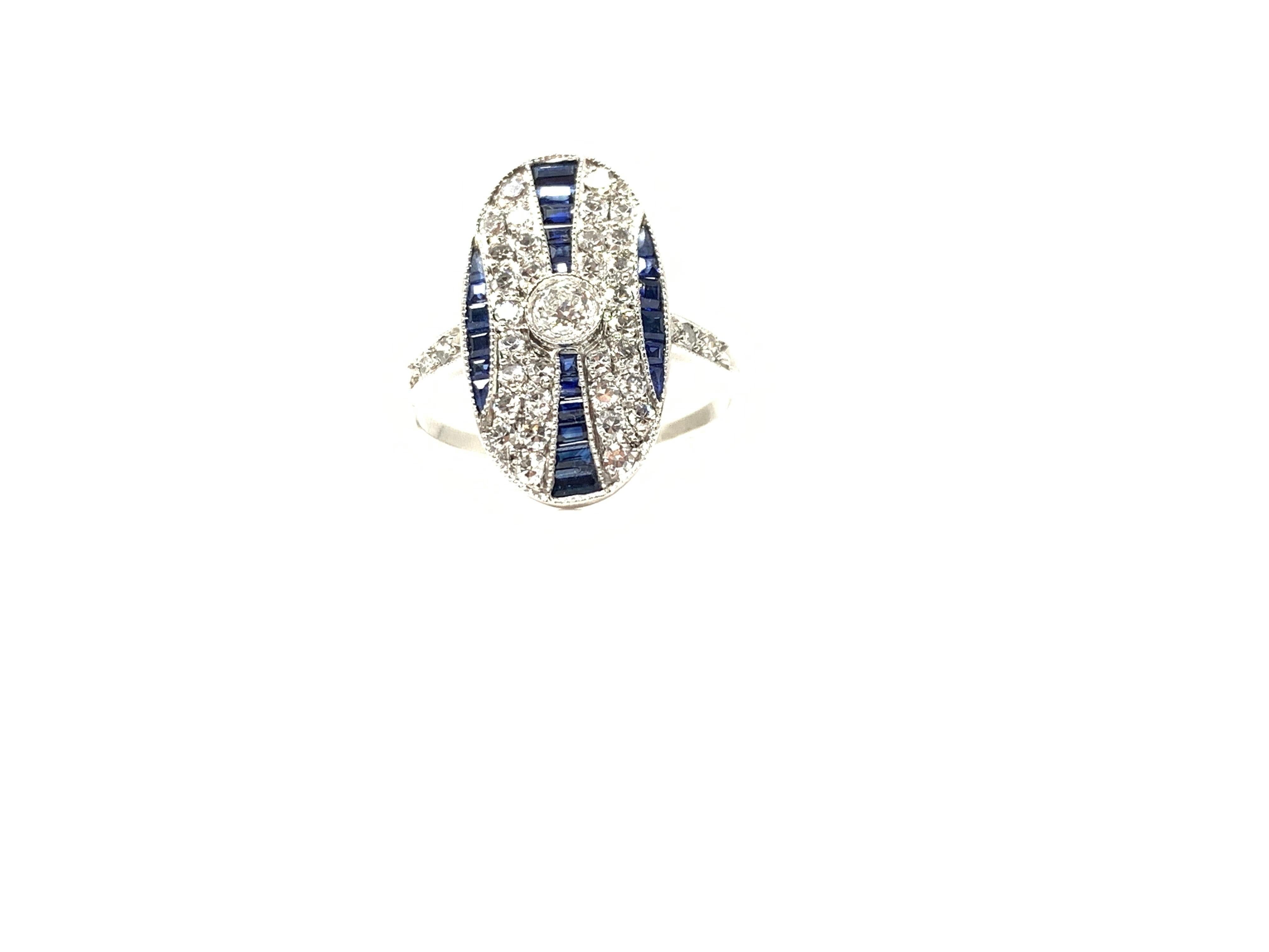 White Round Brilliant Diamond and Blue Sapphire Ring in Platinum In New Condition For Sale In New York, NY