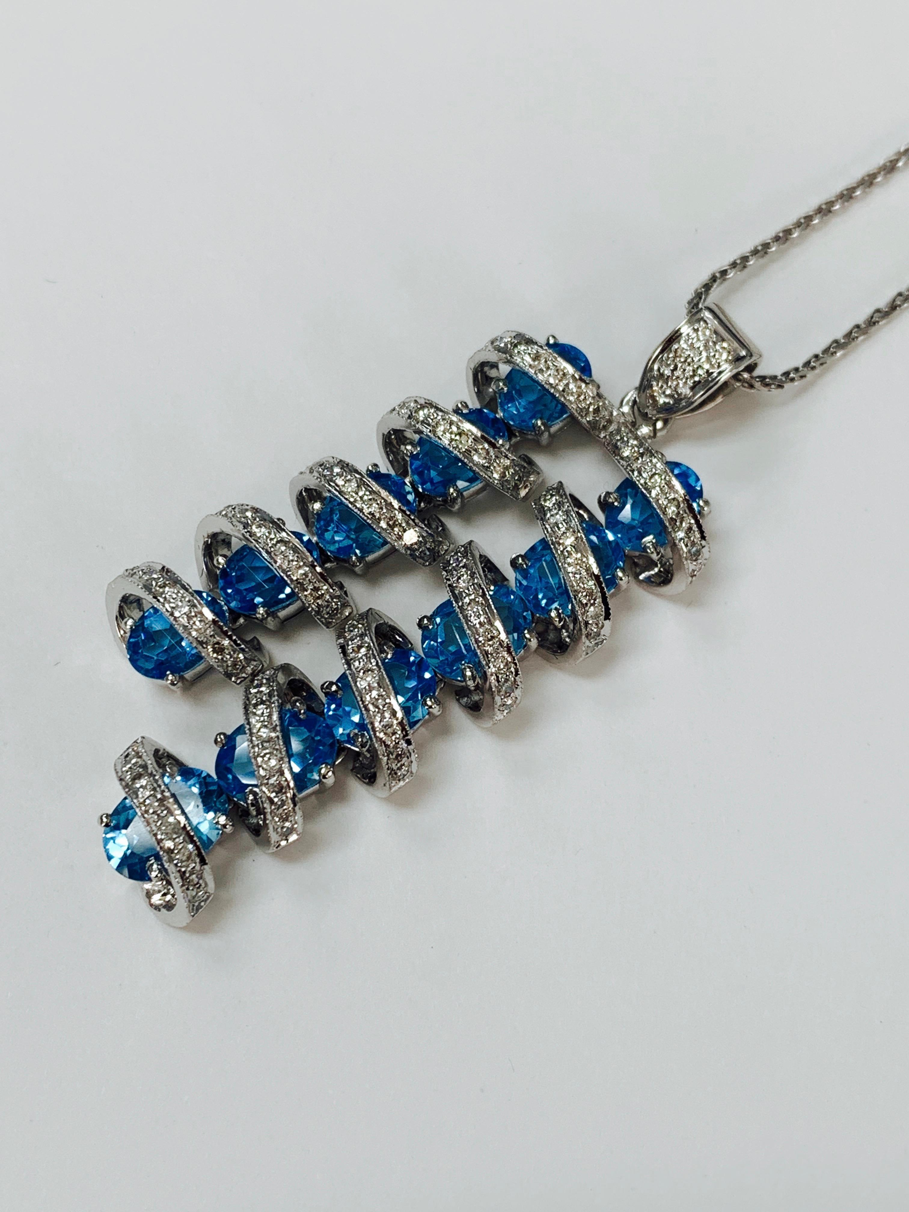 Contemporary White Round Brilliant Diamond and Blue Topaz Pendant in 18k White Gold For Sale