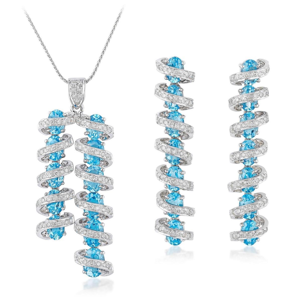 White Round Brilliant Diamond and Blue Topaz Pendant in 18k White Gold For Sale 1