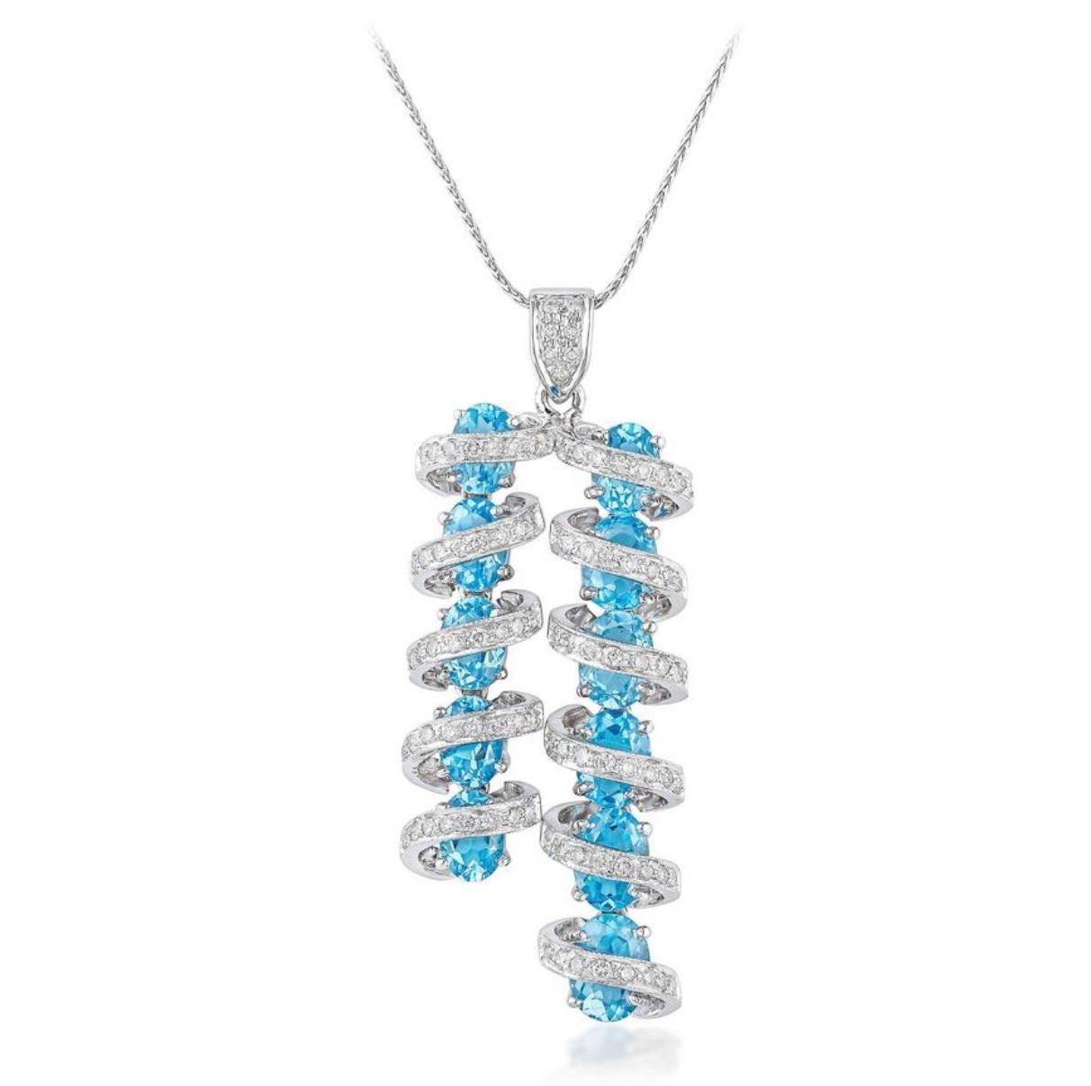 White Round Brilliant Diamond and Blue Topaz Pendant in 18k White Gold For Sale 2