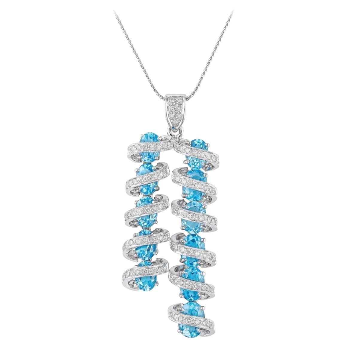 White Round Brilliant Diamond and Blue Topaz Pendant in 18k White Gold For Sale