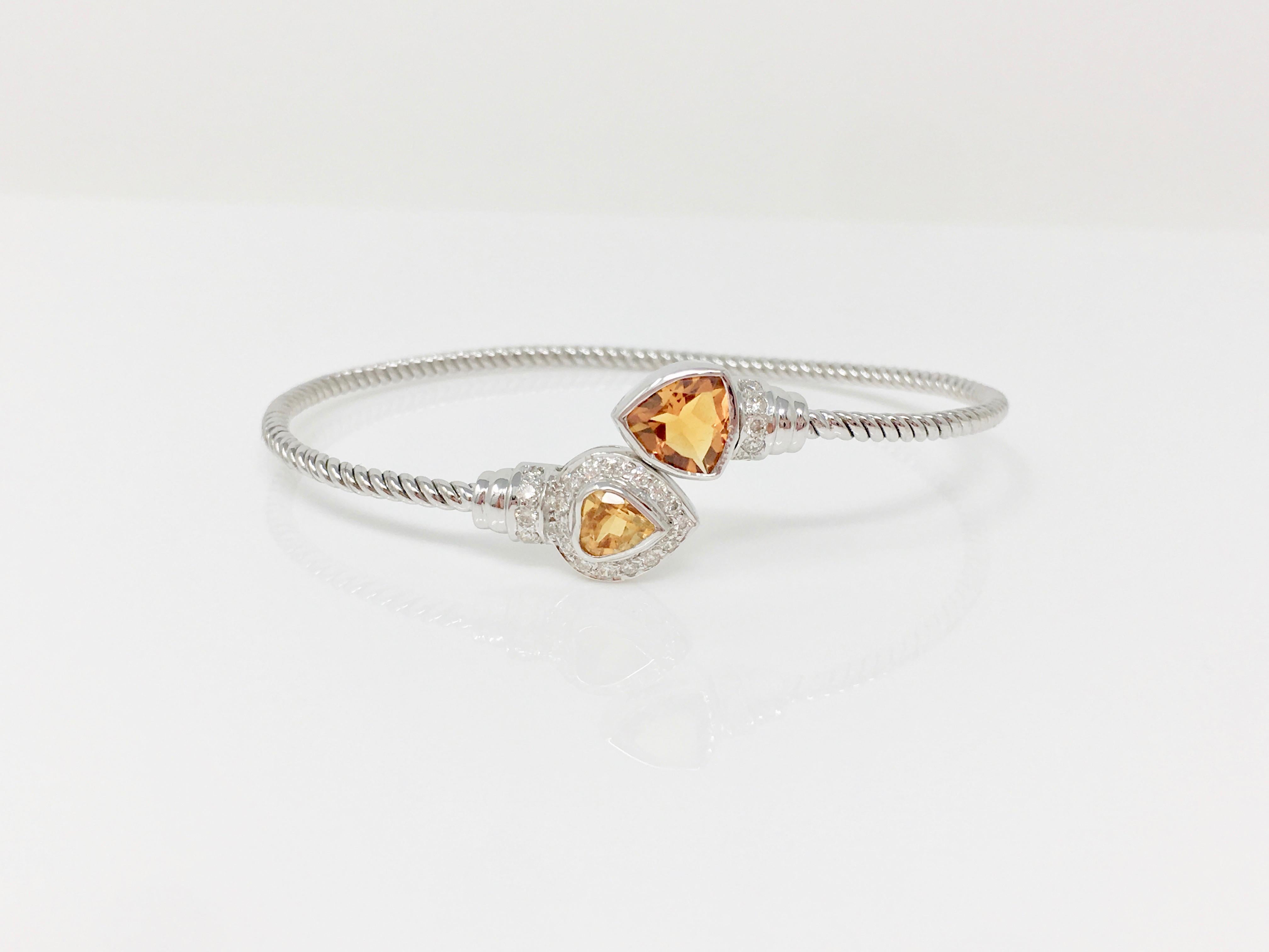 Contemporary White Round Brilliant Diamond And Gold Topaz Flexible Bangle In 18 K White Gold. For Sale