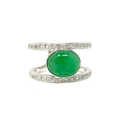 GIA Certified Green Jadeite Jade Oval Cabochon And Diamond Ring In 18 K Gold. 