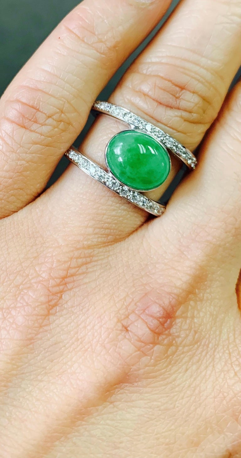 GIA Certified Green Jadeite Jade Oval Cabochon And Diamond Ring In 18 K