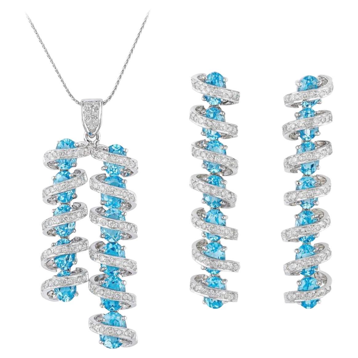 White Round Brilliant Diamond and Oval Blue Topaz Pendant Set in 18 Karat Gold