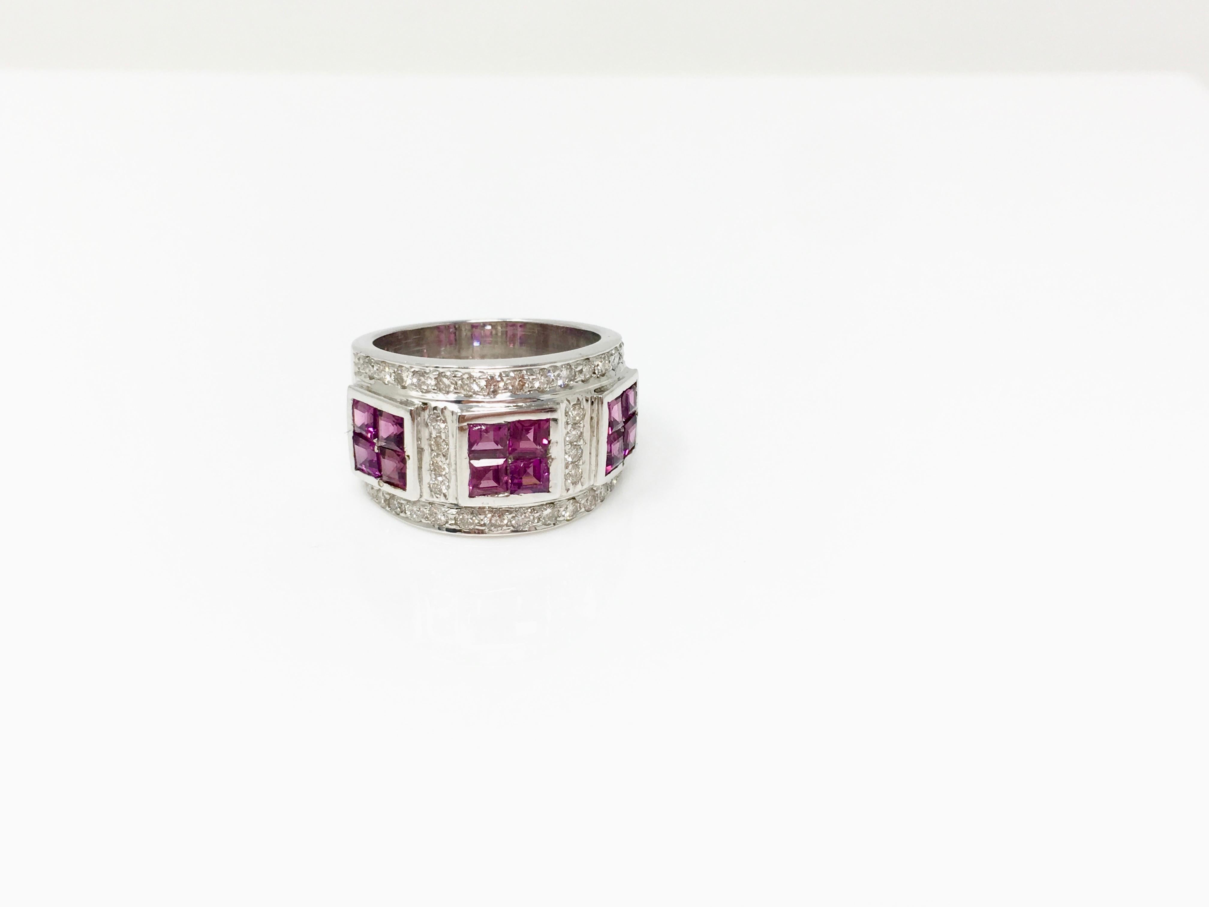 Contemporary White Round Brilliant Diamond and Garnet Cocktail Ring in 18K White Gold For Sale
