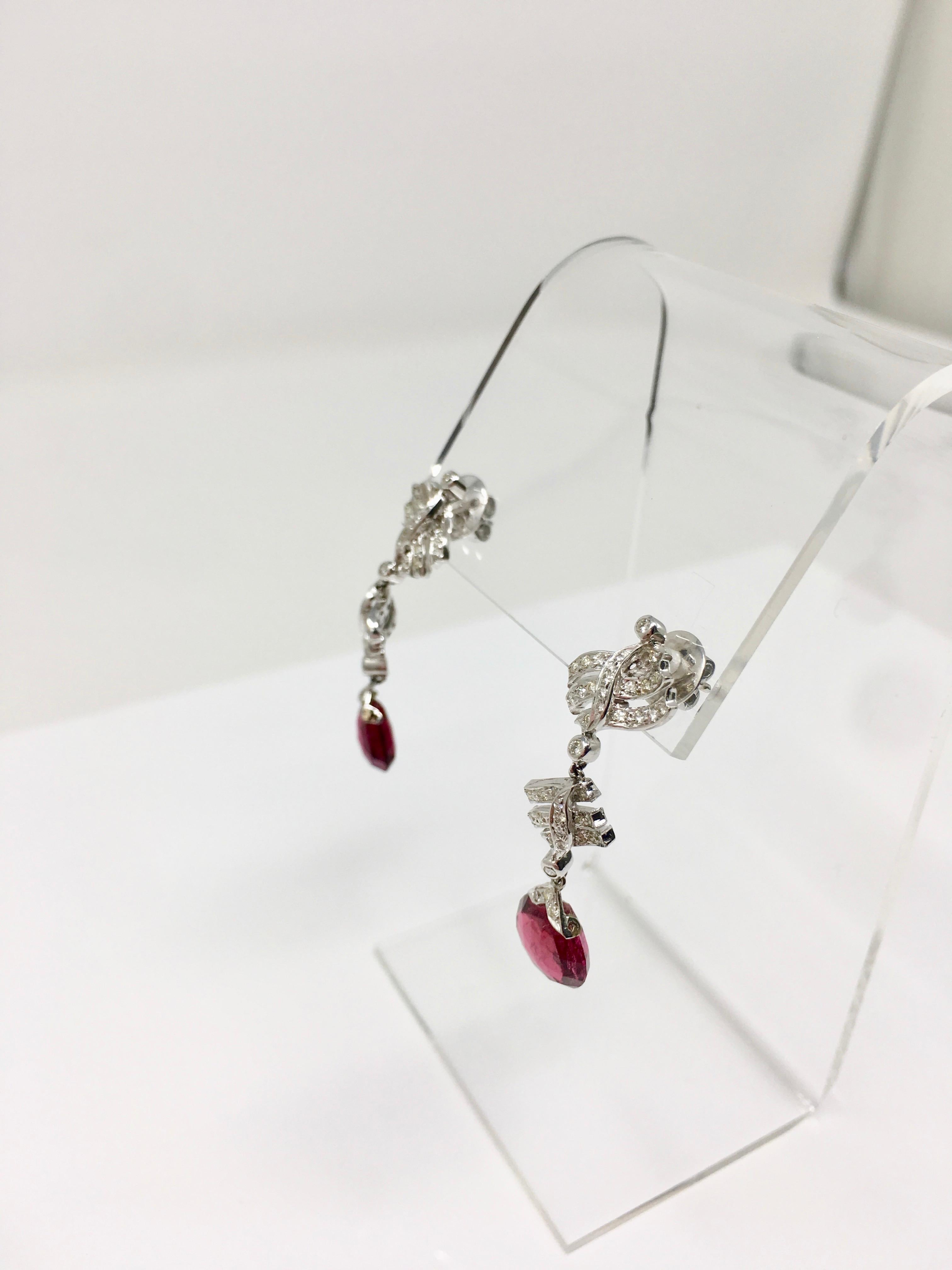 Round Cut White Round Brilliant Diamond and Rubelite Dangle Earrings in 18 Karat Gold For Sale