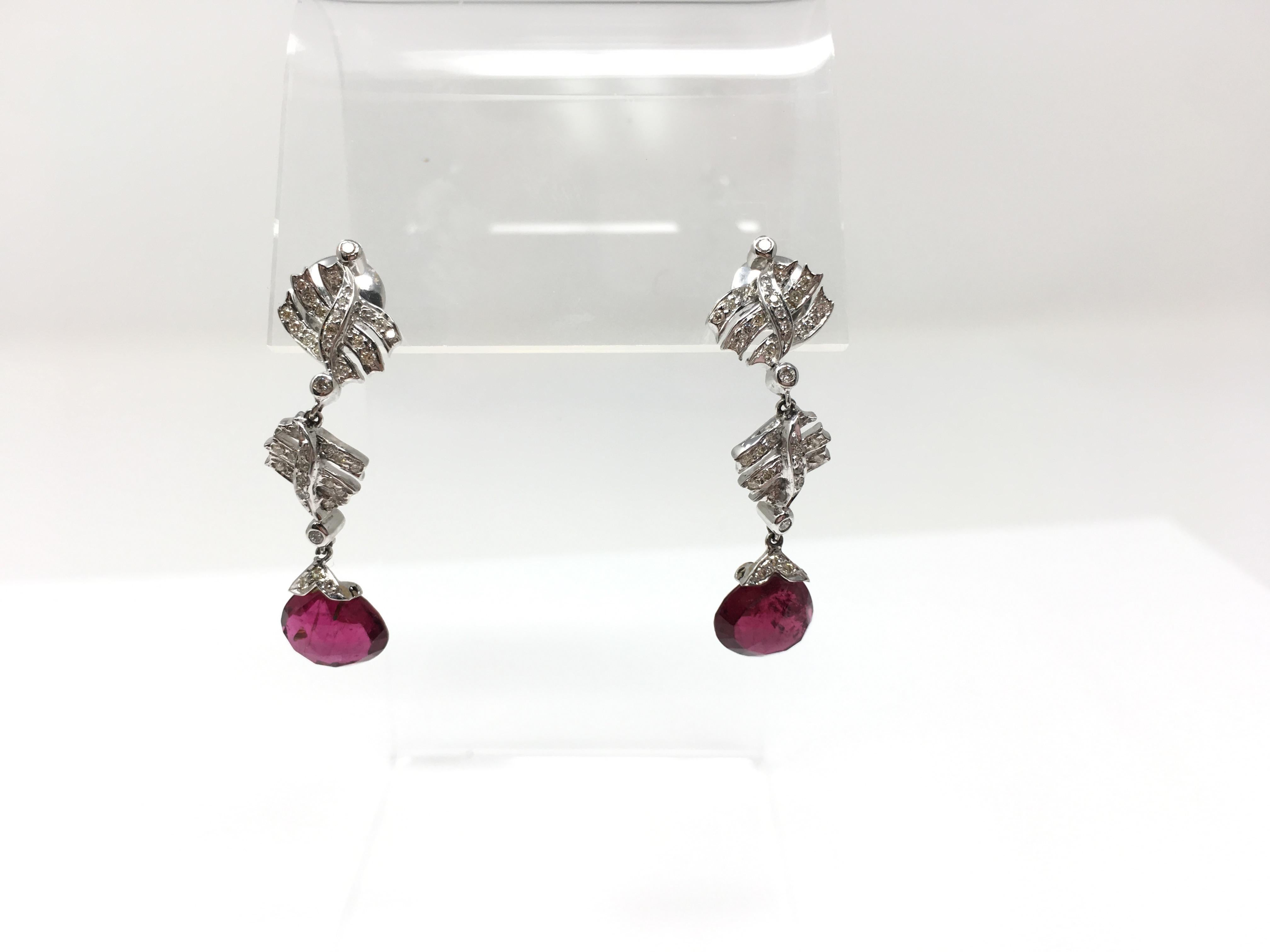 Women's White Round Brilliant Diamond and Rubelite Dangle Earrings in 18 Karat Gold For Sale