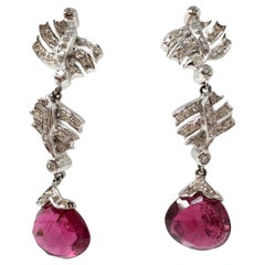 White Round Brilliant Diamond and Rubelite Dangle Earrings in 18 Karat Gold