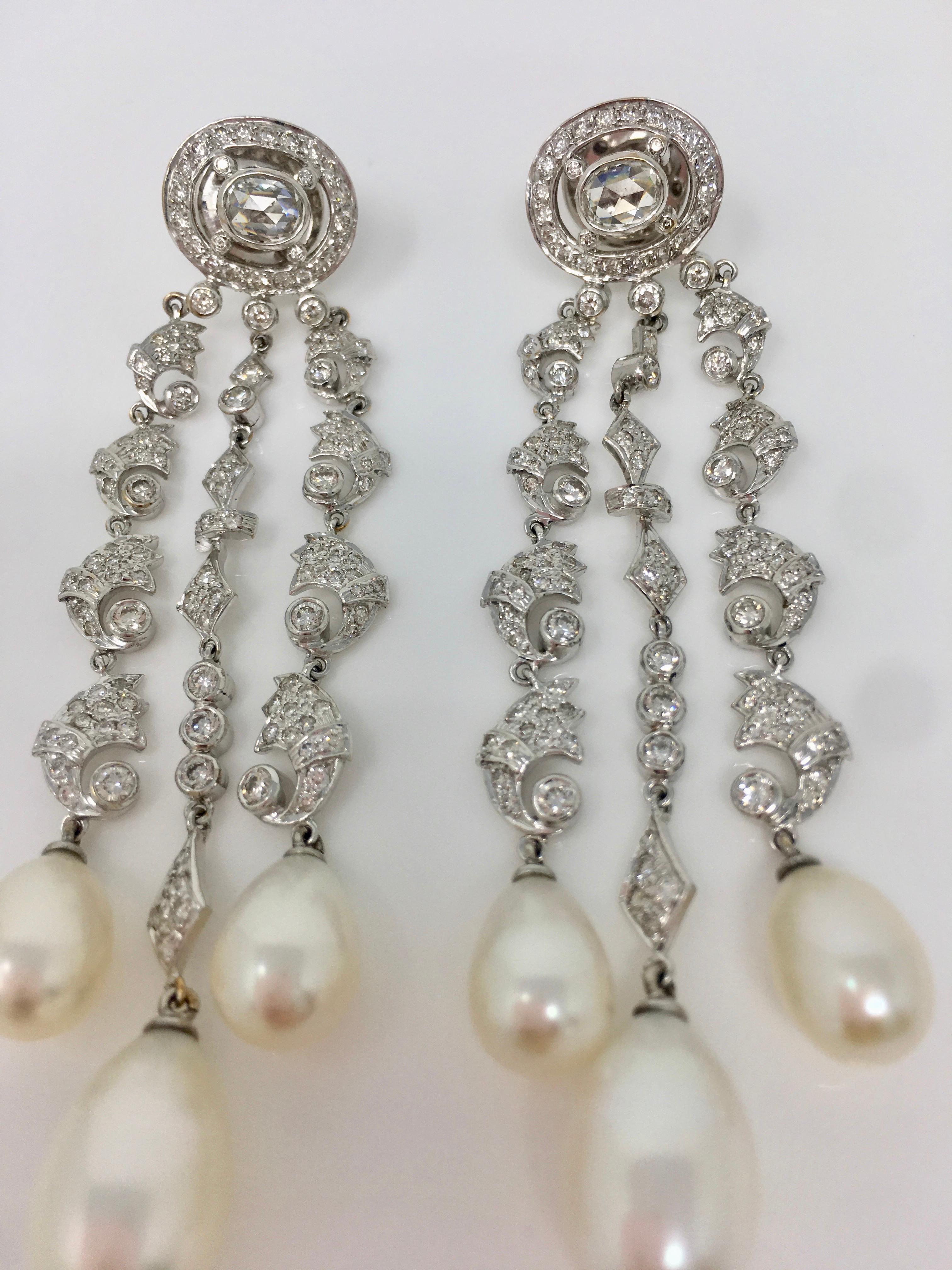 Round Cut White Round Brilliant Diamond And White South Sea Pearl Earrings In 18k Gold.  For Sale