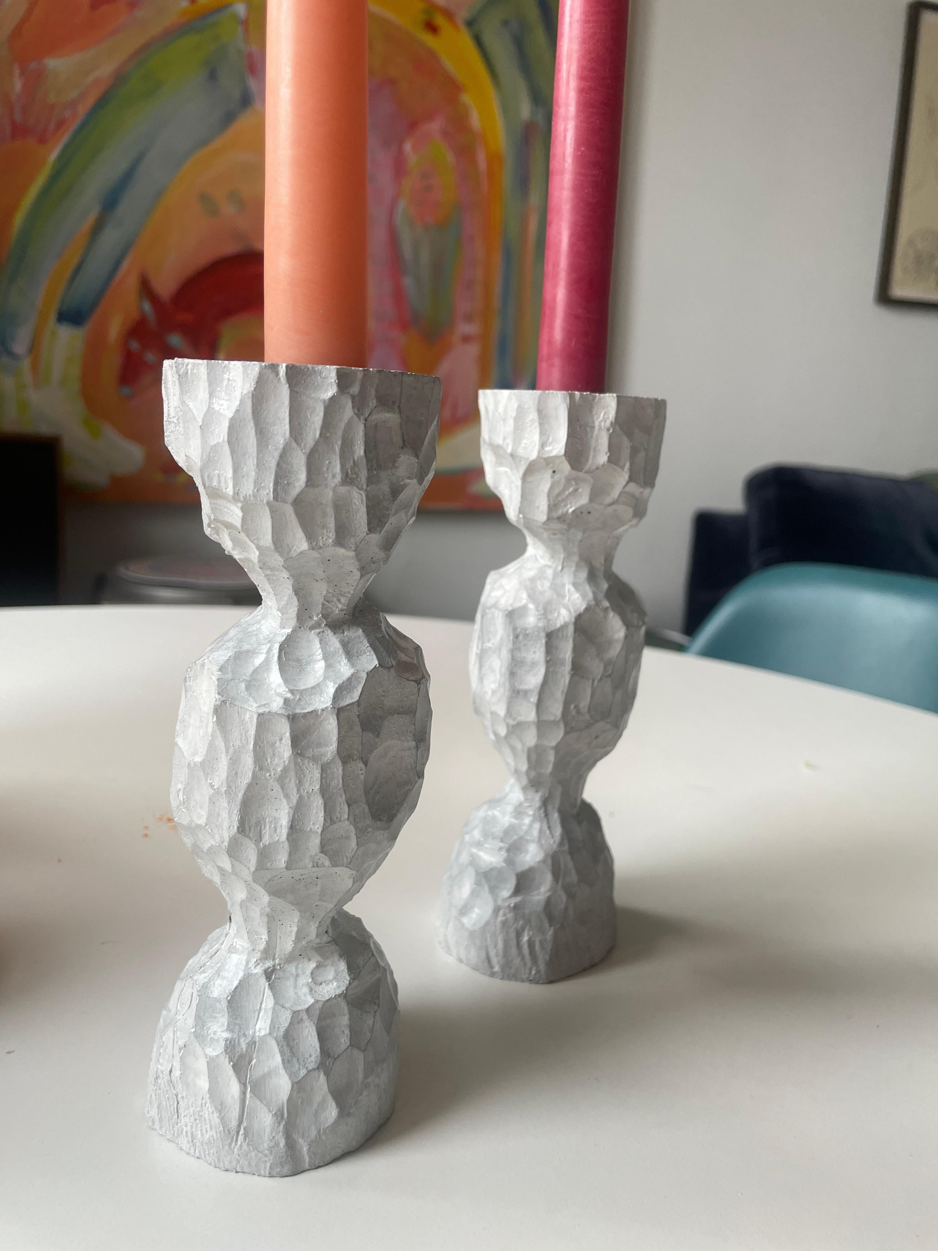 American White Round Concrete Candlestick Holders (Pair) For Sale