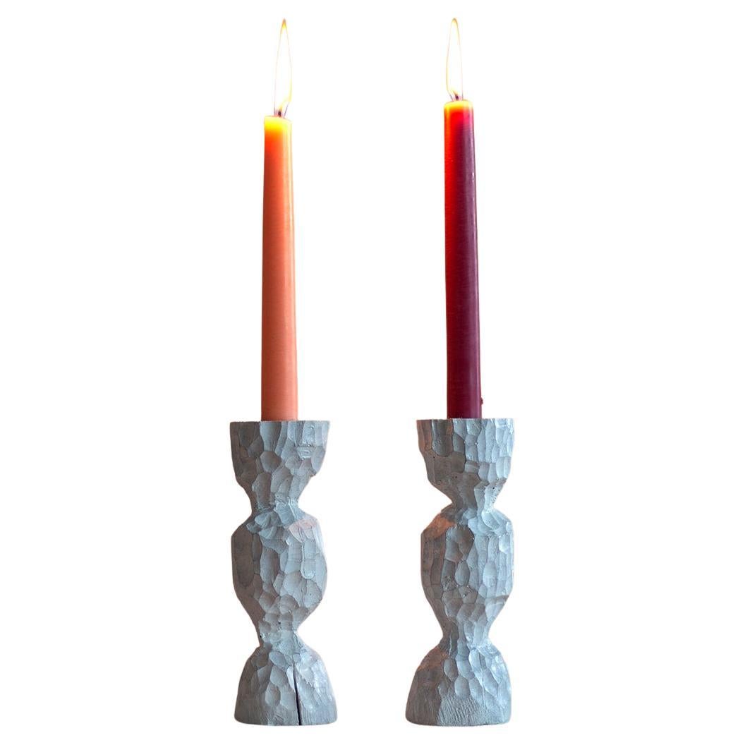 White Round Concrete Candlestick Holders (Pair) For Sale