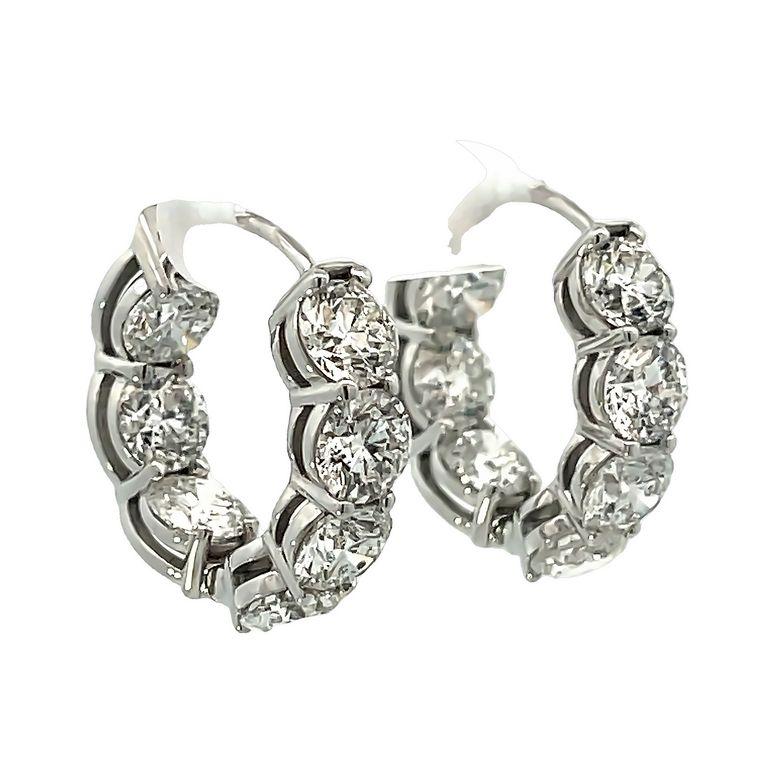 Women's White Round Diamond 7.18 CT in 18K White Gold Eternity Hoops Earrings  For Sale