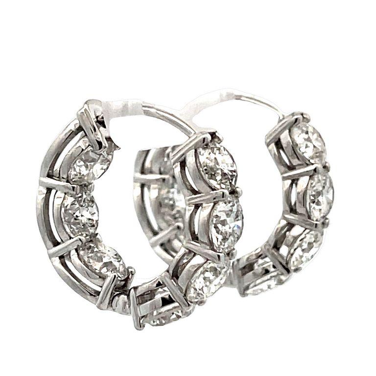 White Round Diamond 7.18 CT in 18K White Gold Eternity Hoops Earrings  For Sale 1
