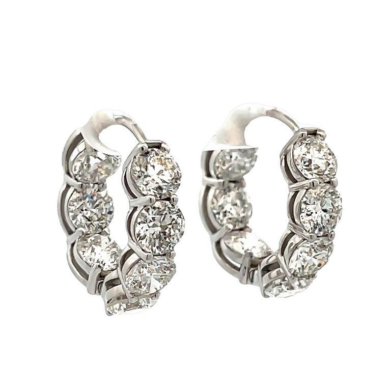 White Round Diamond 7.18 CT in 18K White Gold Eternity Hoops Earrings  For Sale 2