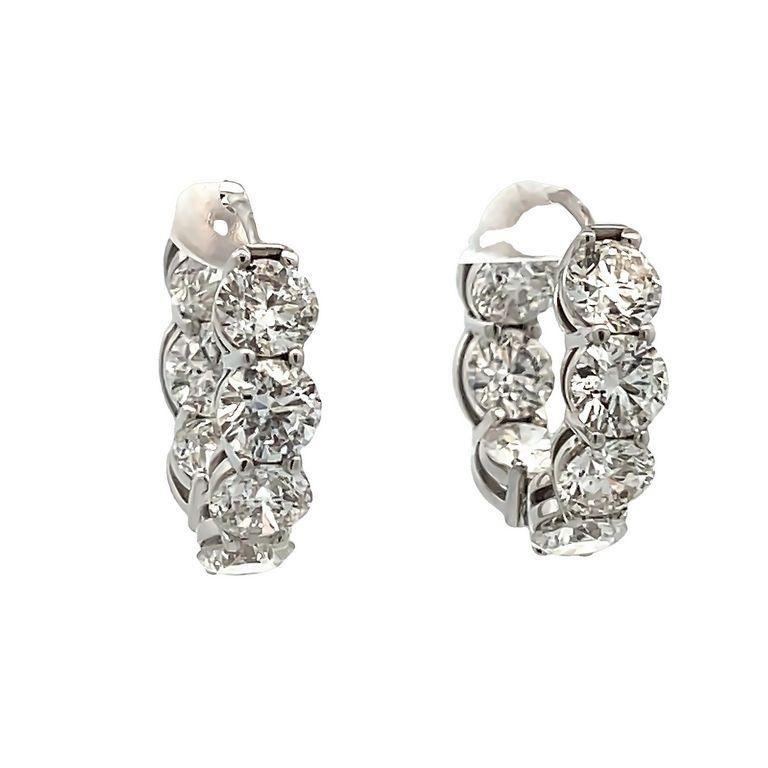 White Round Diamond 7.18 CT in 18K White Gold Eternity Hoops Earrings  For Sale 3