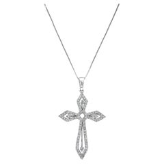 White Round Diamond Cross Pendant Necklace in 14k White Gold