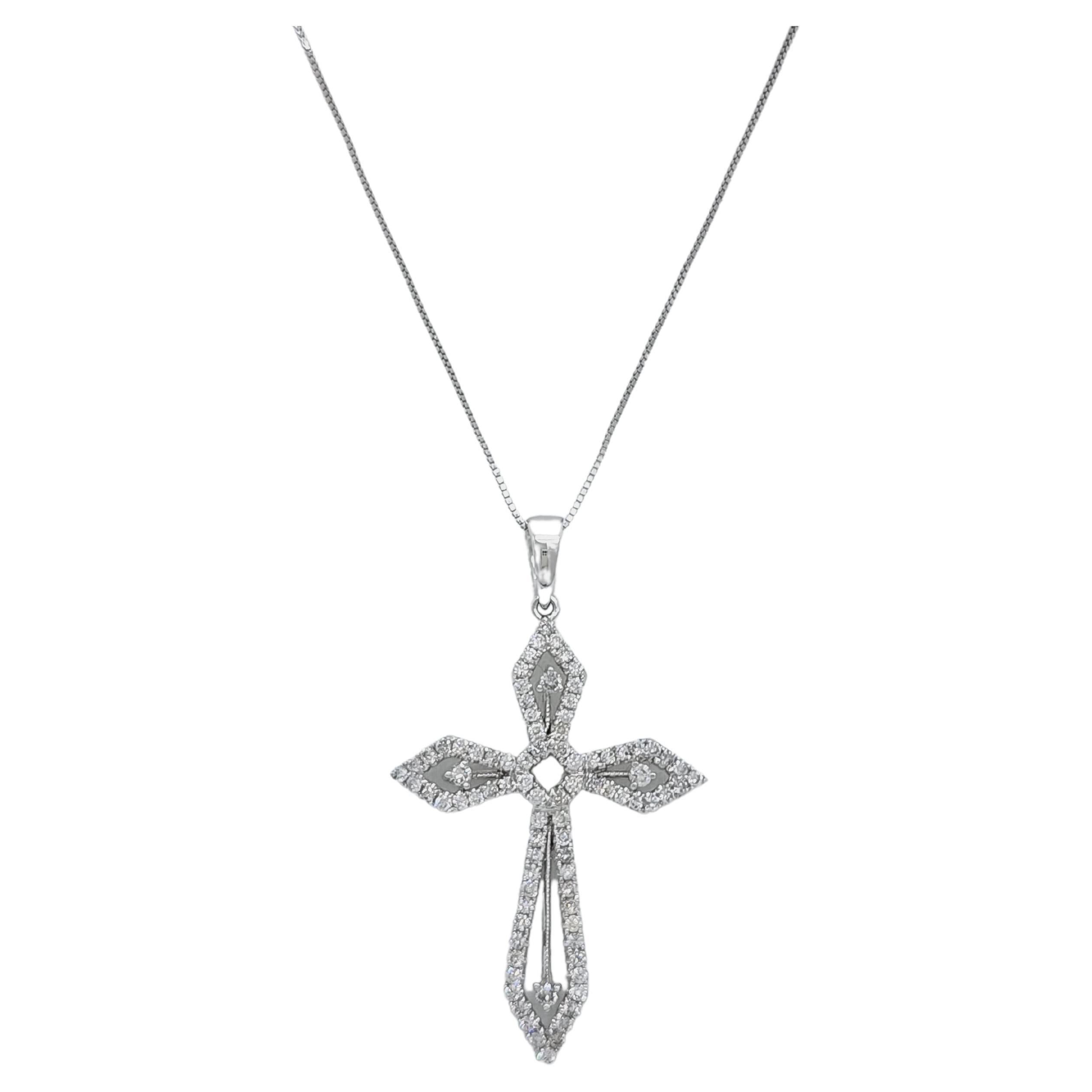 White Round Diamond Cross Pendant Necklace in 14k White Gold For Sale at 1stDibs