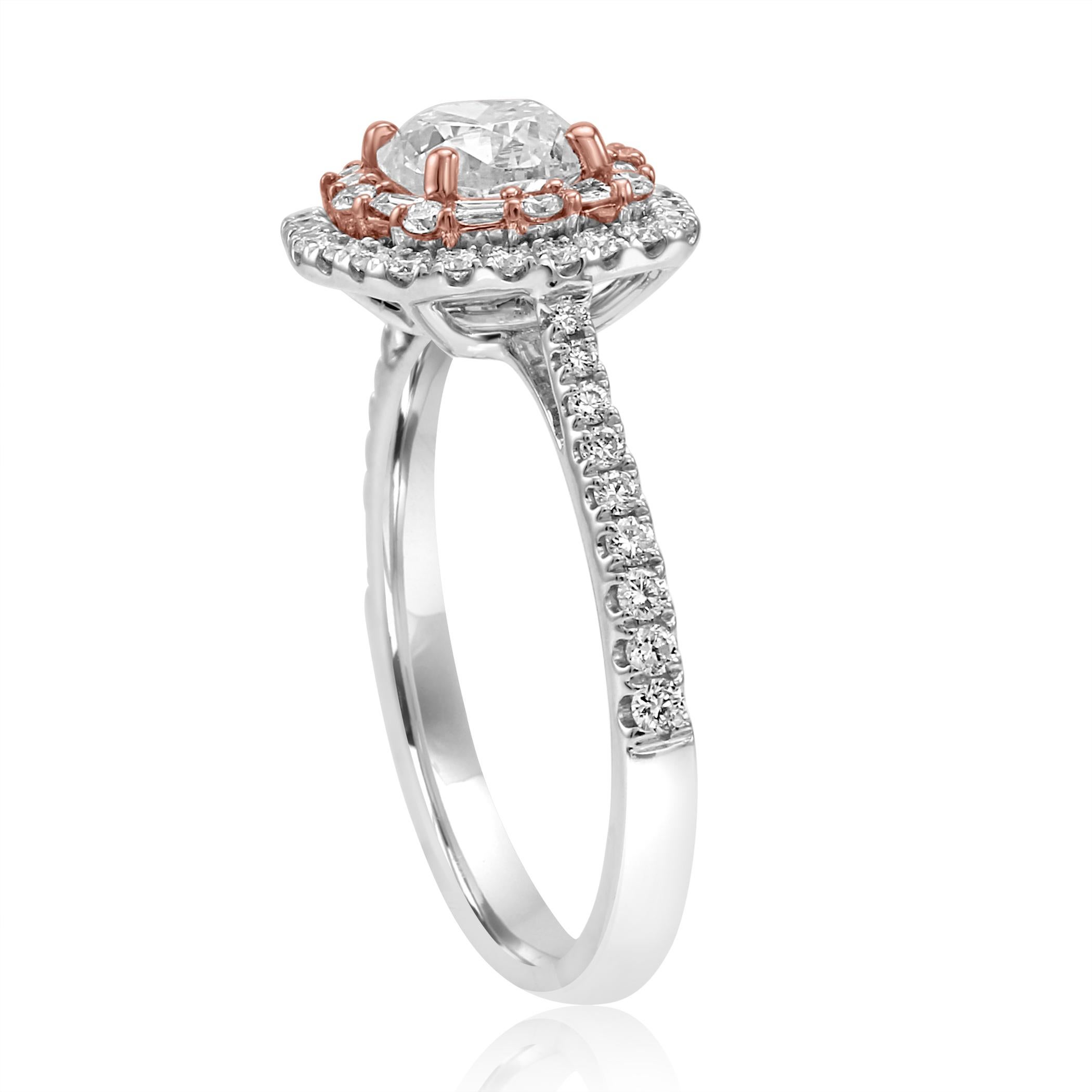 Women's or Men's White Round Diamond Double 1.45 Carat Halo Two Tone Gold Bridal Engagement Ring