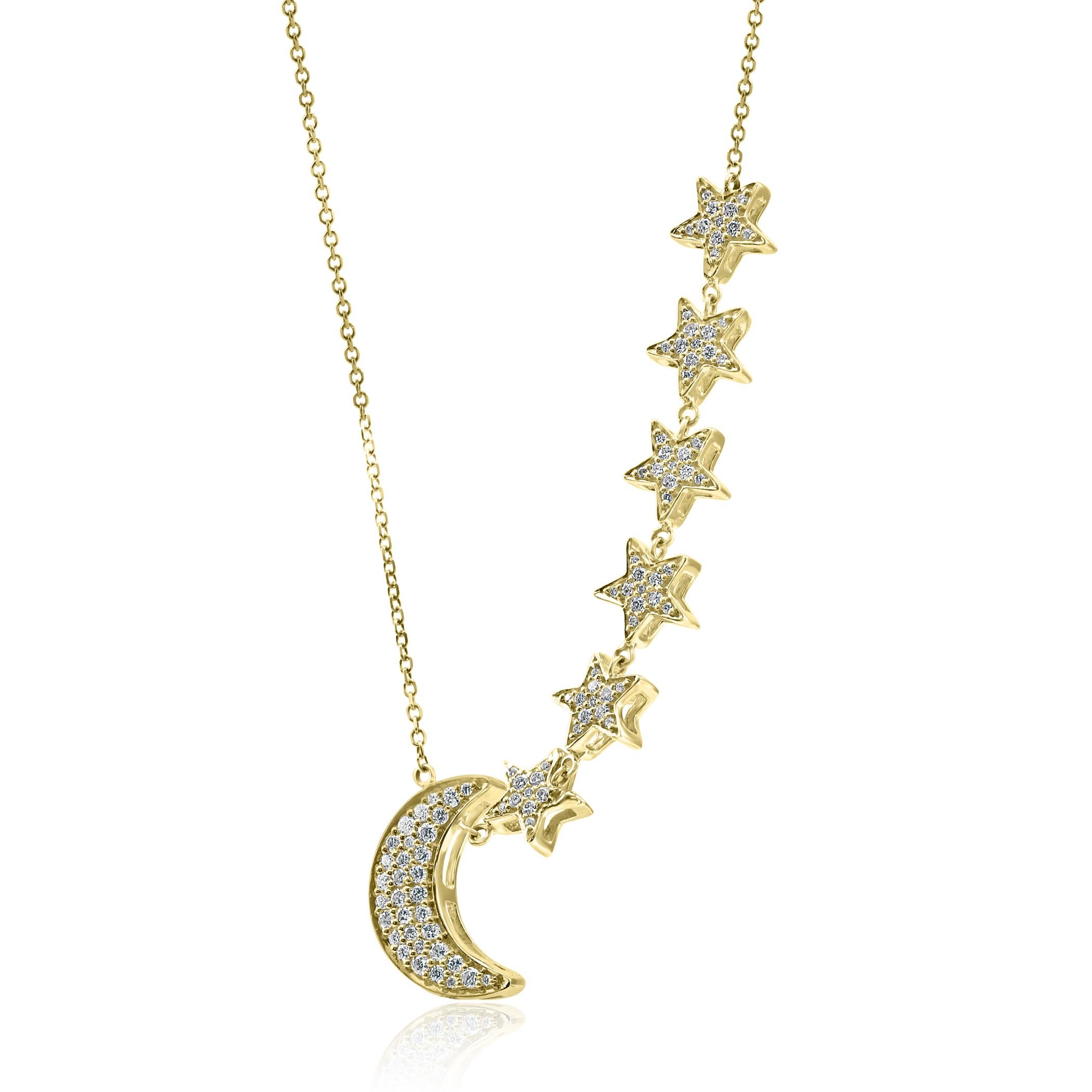 White Round Diamonds SI clarity 0.50 Carat set in stunning 14K Yellow Gold Stars and Moon Fashion Drop Chain Necklace.

Style available in different price ranges and with different center stones, can be customized or custom made as per your