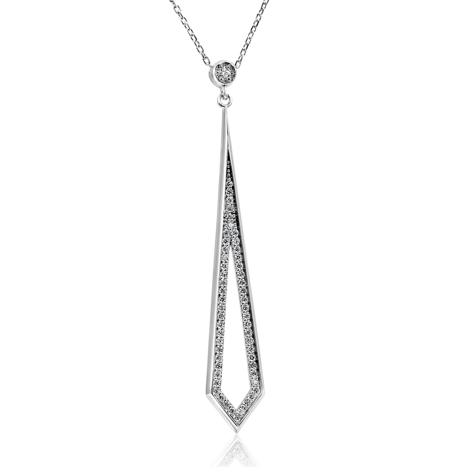 54 Colorless G-H Color SI Clarity Diamond Rounds 0.35 Carat set in beautiful 14K White Gold Stylish big look drop Pendant Chain necklace with lobster lock, perfect for all occasions and every day wear. 
Total Diamond Weight 0.35 Carat

MADE IN