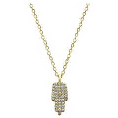 White Round Diamonds in 14 Karat Yellow Gold Hamsa Drop Pendant Chain Necklace