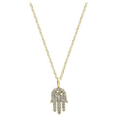 White Round Diamonds in 14 Karat Yellow Gold Hamsa Drop Pendant Chain Necklace