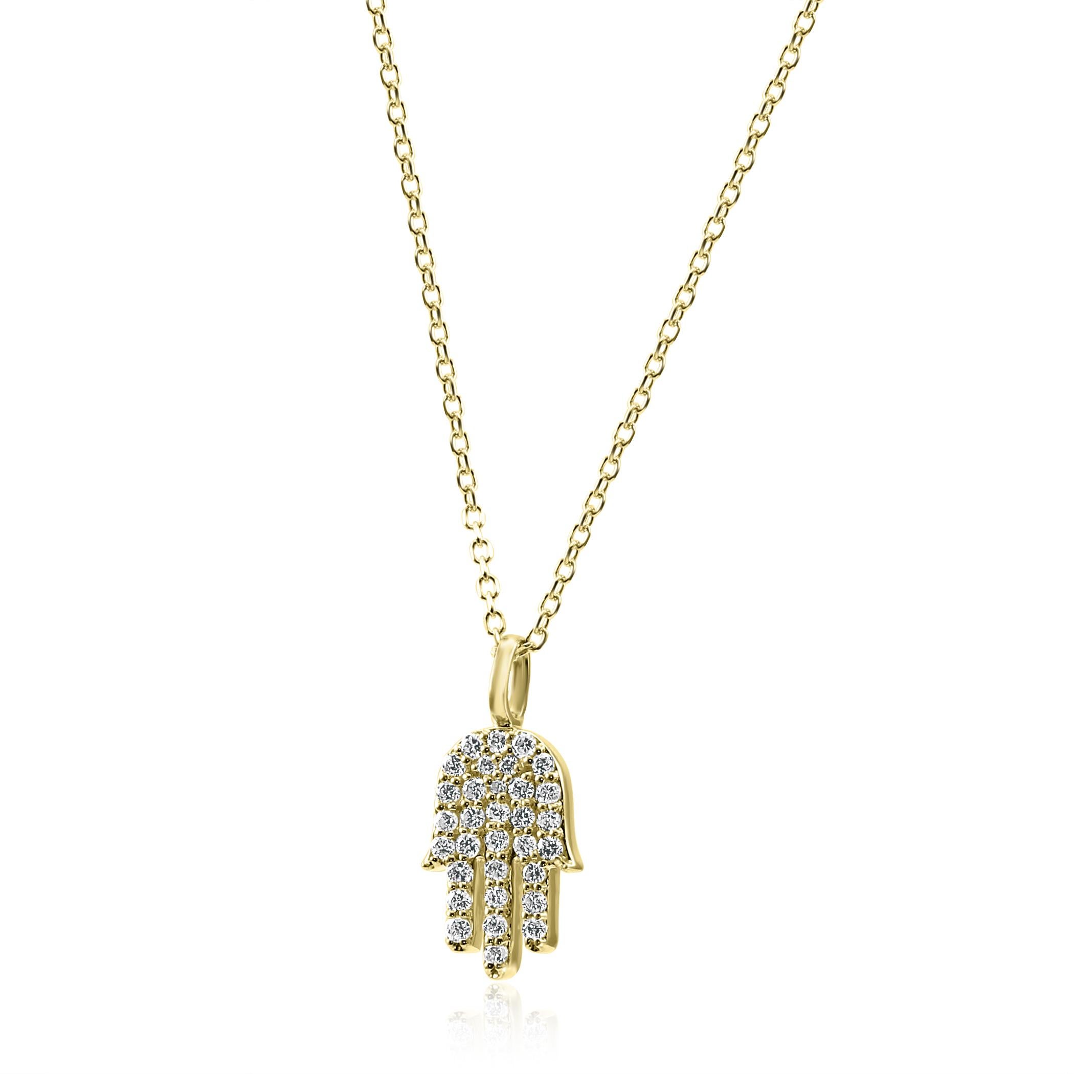 32 White G-H Color SI clarity 0.25 Carat Diamond Round Set in 14K Yellow Gold Hamsa Drop Pendant Chain Necklace.
Total Diamond Weight 0.25 Carat

Style available in different price ranges and with different center stones and gold color, can be