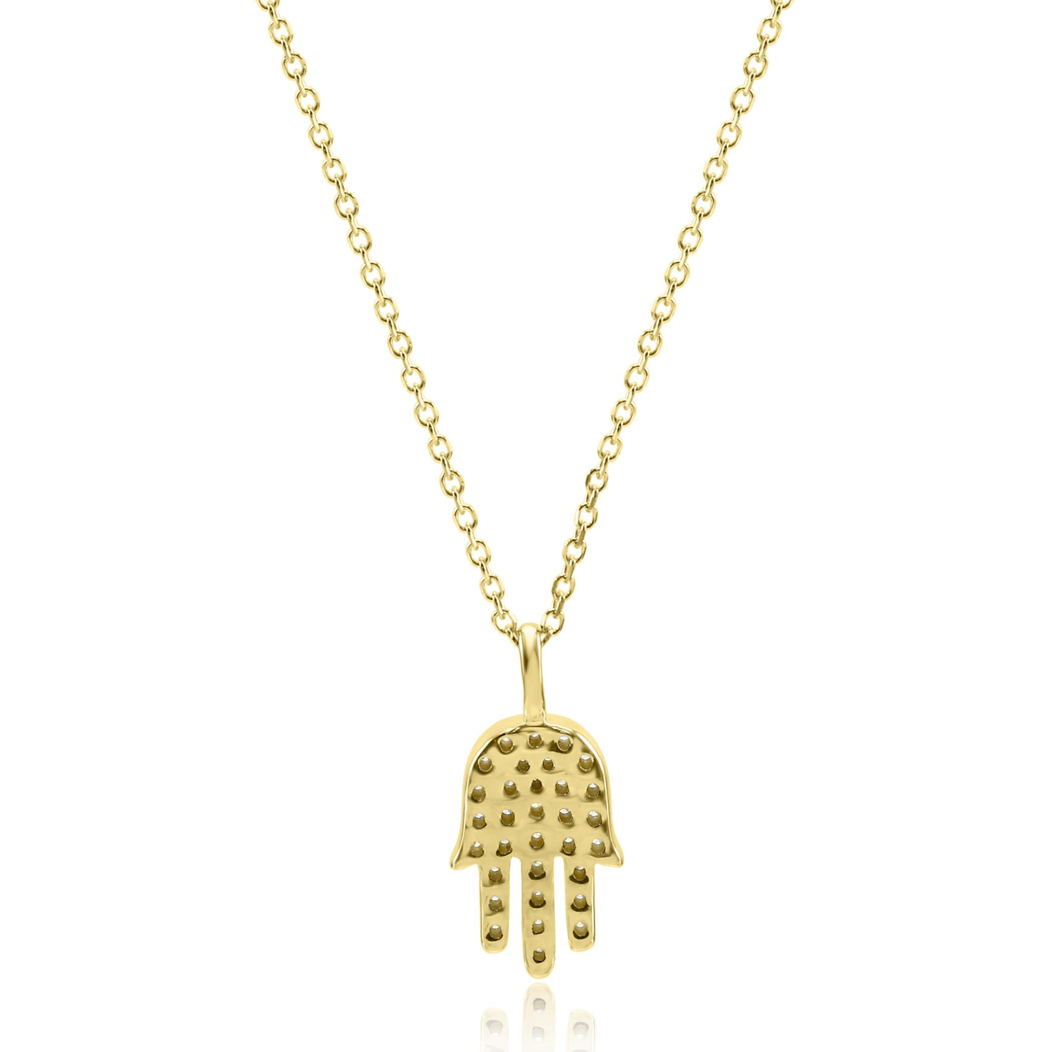 Modern White Round Diamonds in 14 Karat Yellow Gold Hamsa Drop Pendant Chain Necklace