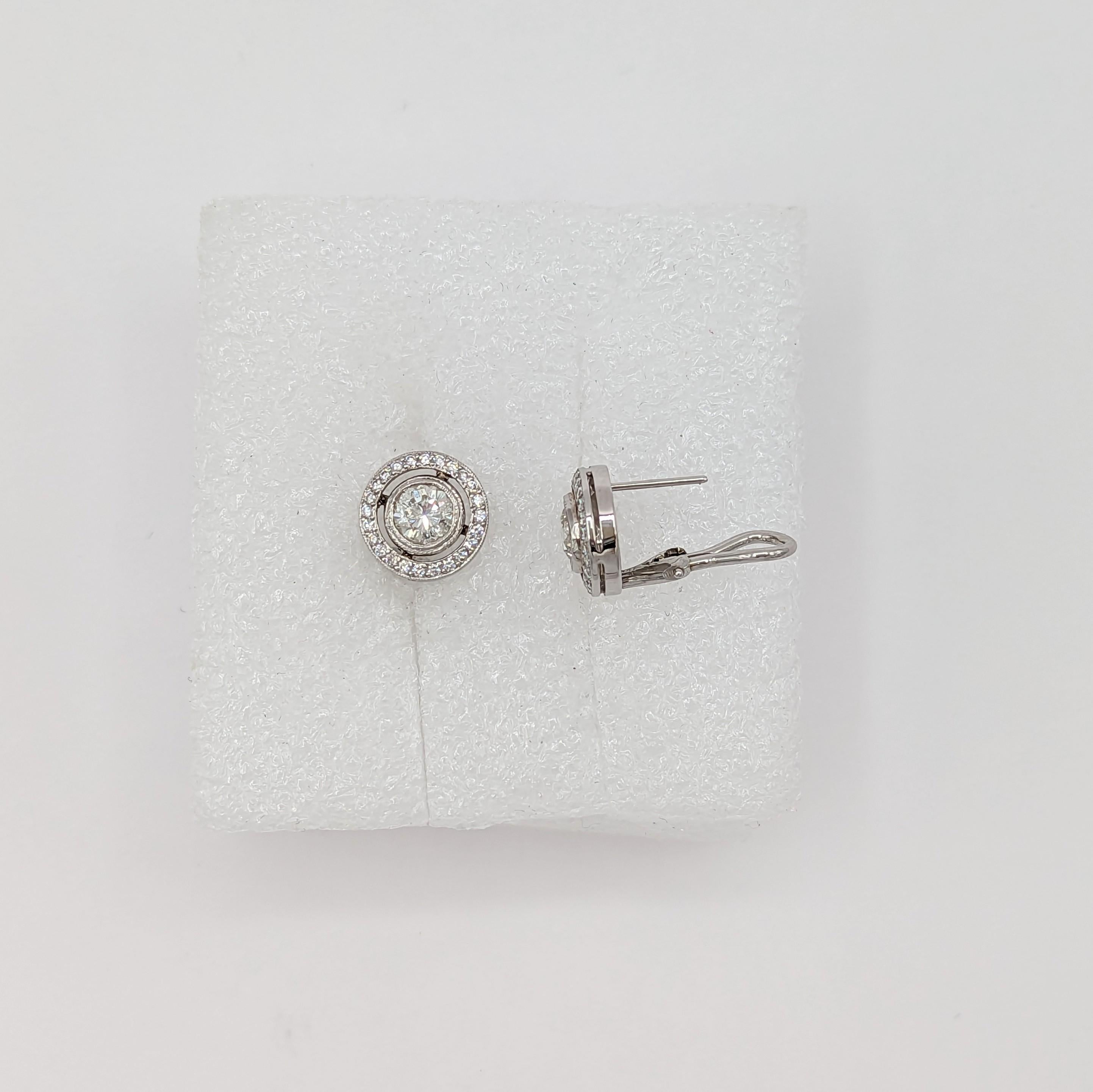 Women's or Men's White Round Diamonds with Halo Earring Studs in 18K White Gold For Sale