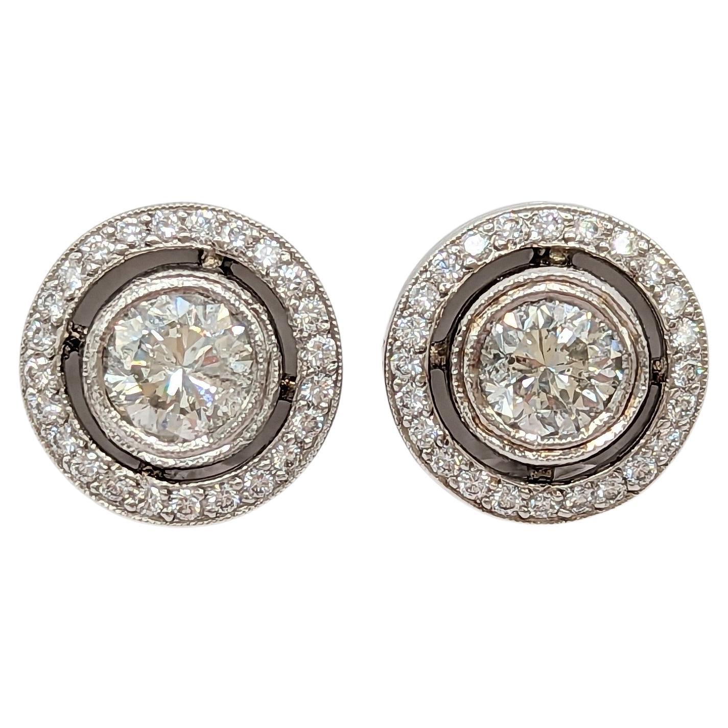 White Round Diamonds with Halo Earring Studs in 18K White Gold For Sale