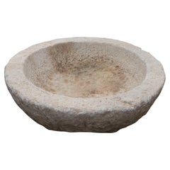 White Round Hand-Carved Marble Washbasin with One Sink in a Single Block