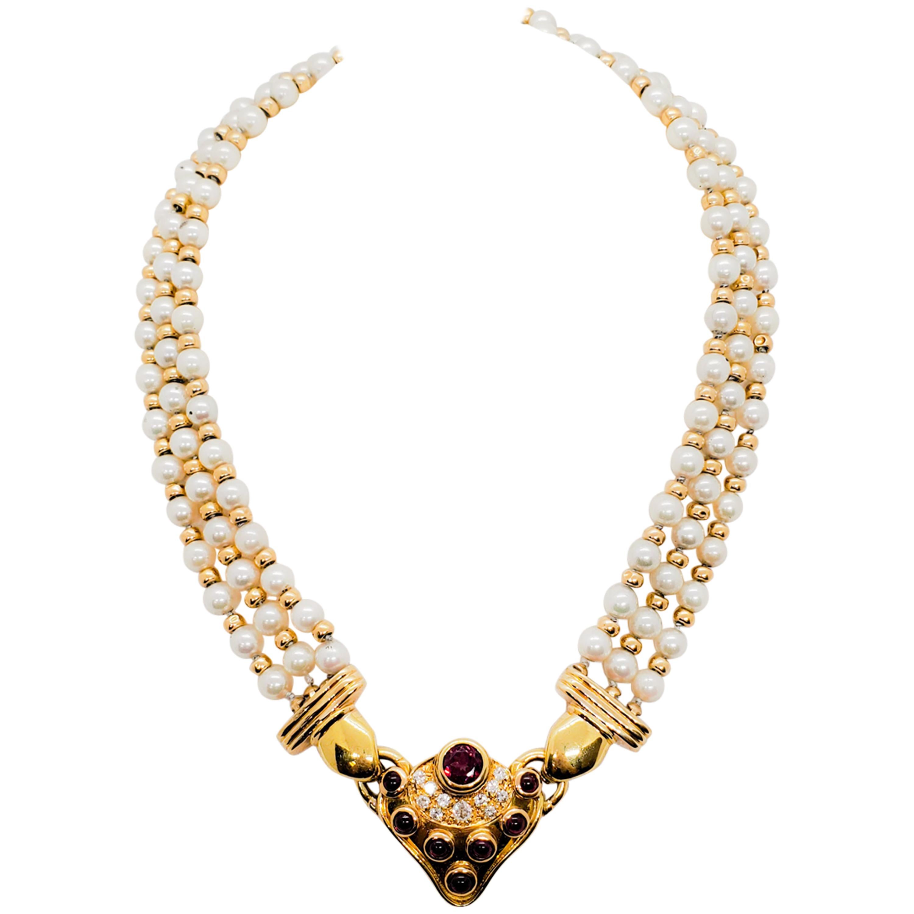 White Round Pearl, Red Tourmaline, and Diamond Necklace in 18 Karat Yellow Gold