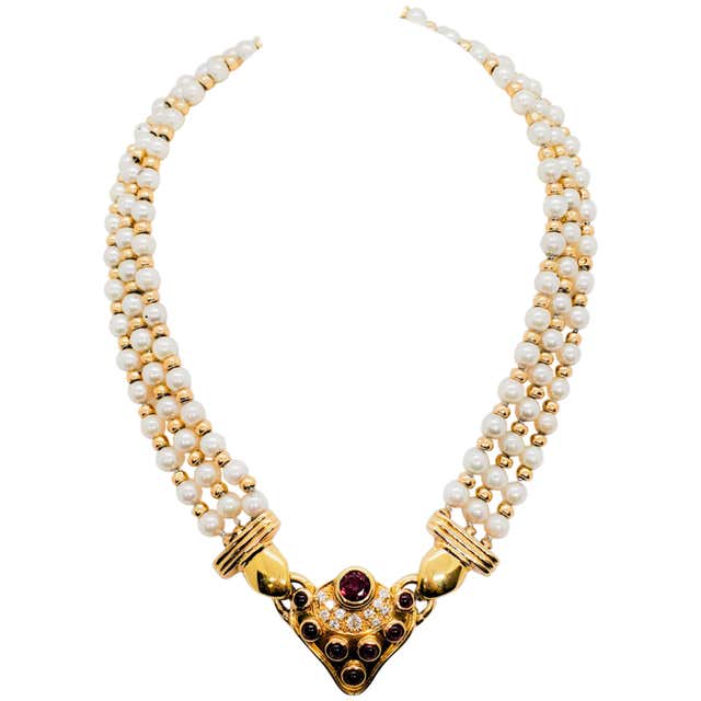 Six Strand Baroque Rice Pearl Necklace Silver Gilt Clasp circa 1970s at ...