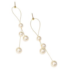 White Round Pearls Long Drop Tassel Chandelier Elegant Gold Pierced Earrings