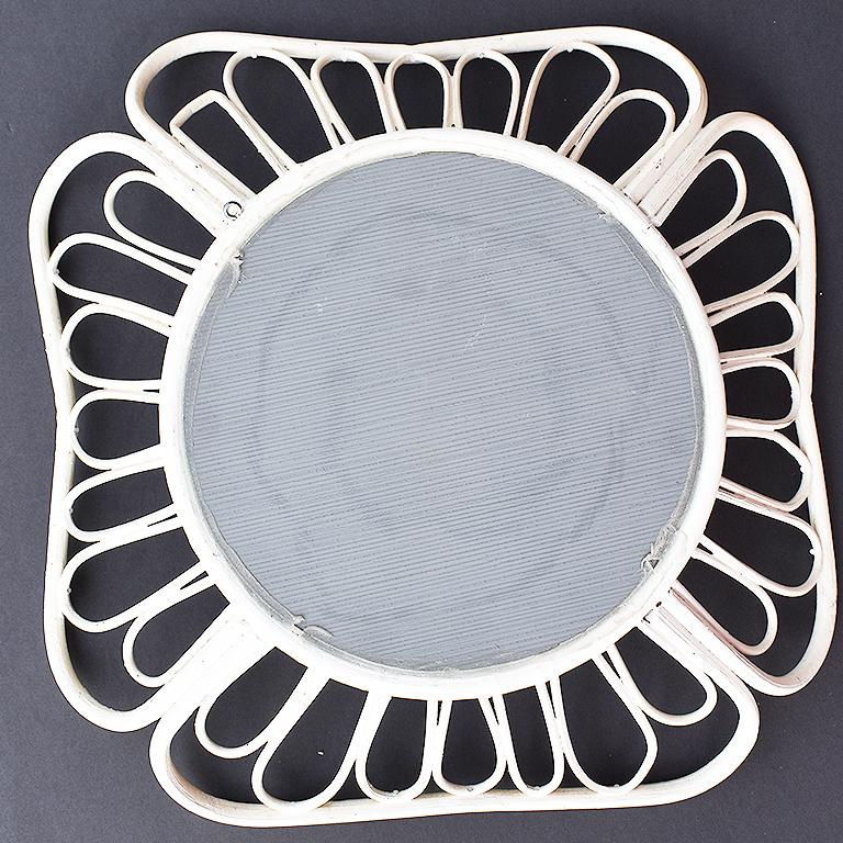 Bohemian White Round Rattan Mirror in the Style of Franco Albini, 1970s