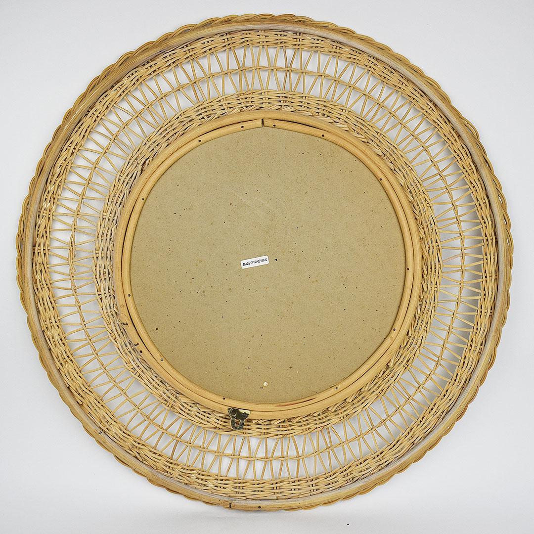 Bohemian White Round Woven Wicker and Bamboo Mirror