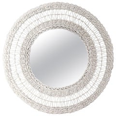 White Round Woven Wicker and Bamboo Mirror