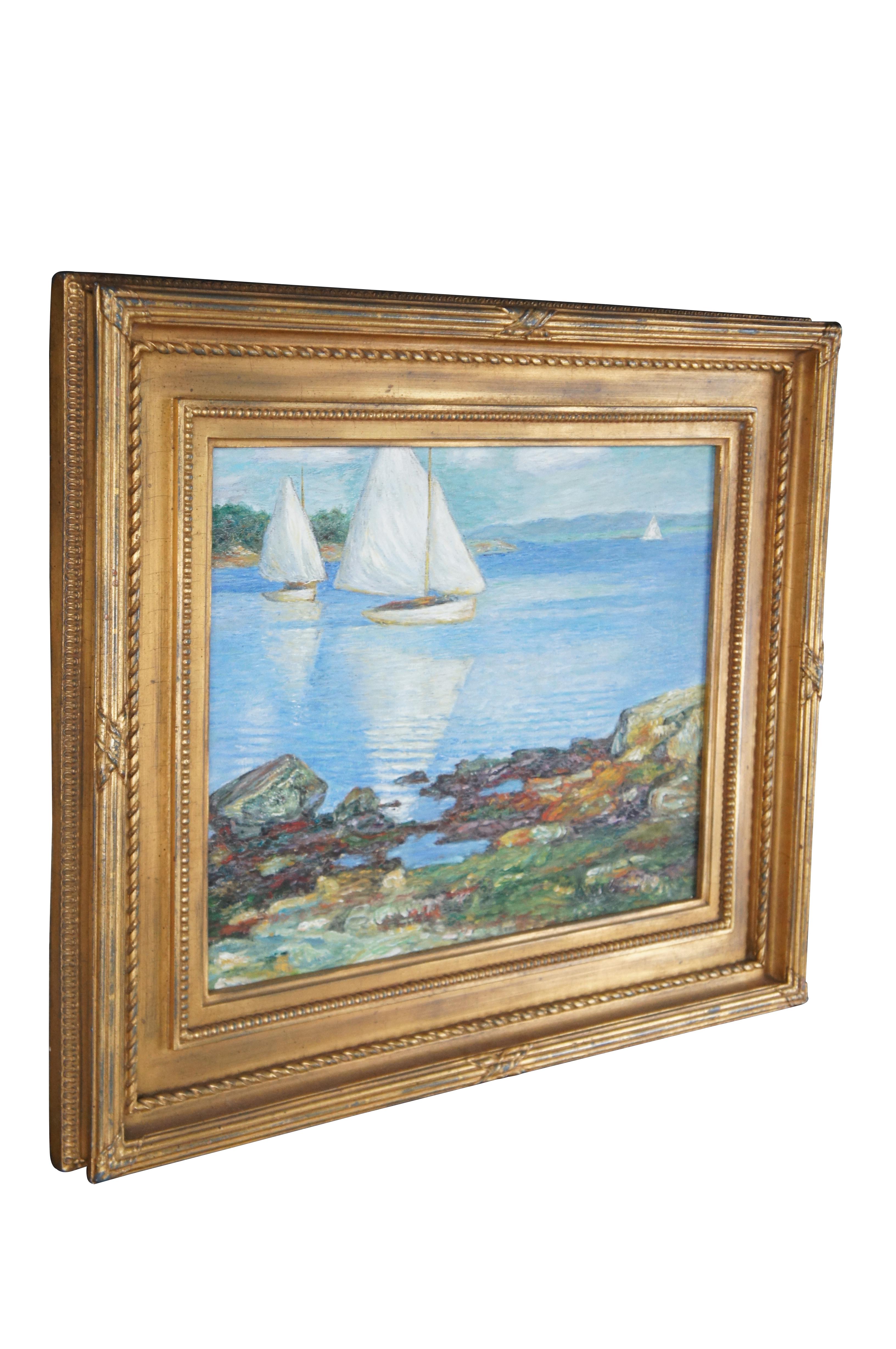 Precioso óleo sobre lienzo del famoso pintor impresionista estadounidense Edward Henry Potthast. Alrededor del último cuarto del siglo XX. Presenta dos veleros a la orilla del océano. El cuadro tiene colores vivos y detalles perfectos. Enmarcado en