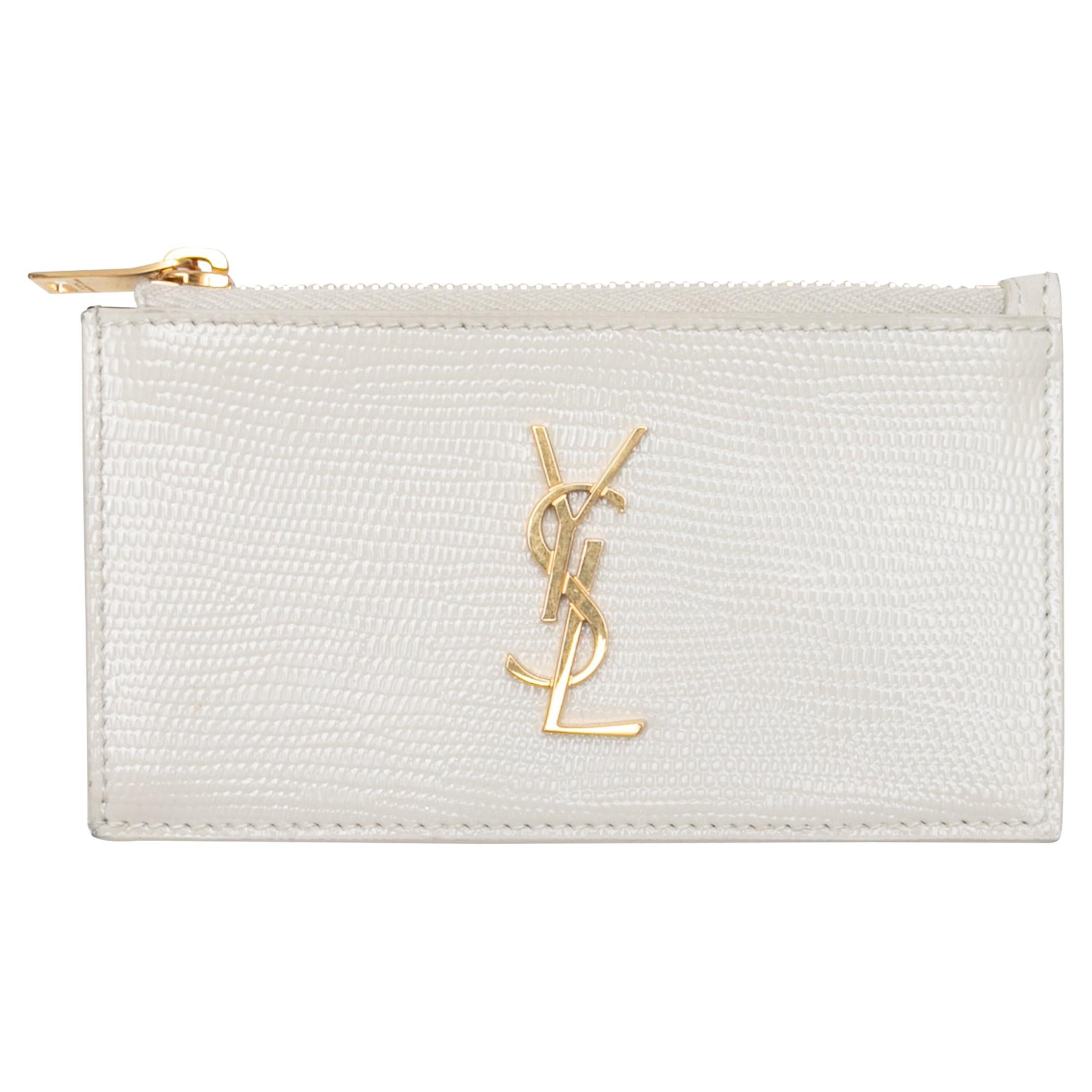 White Saint Laurent Leather Logo Card Holder Wallet For Sale