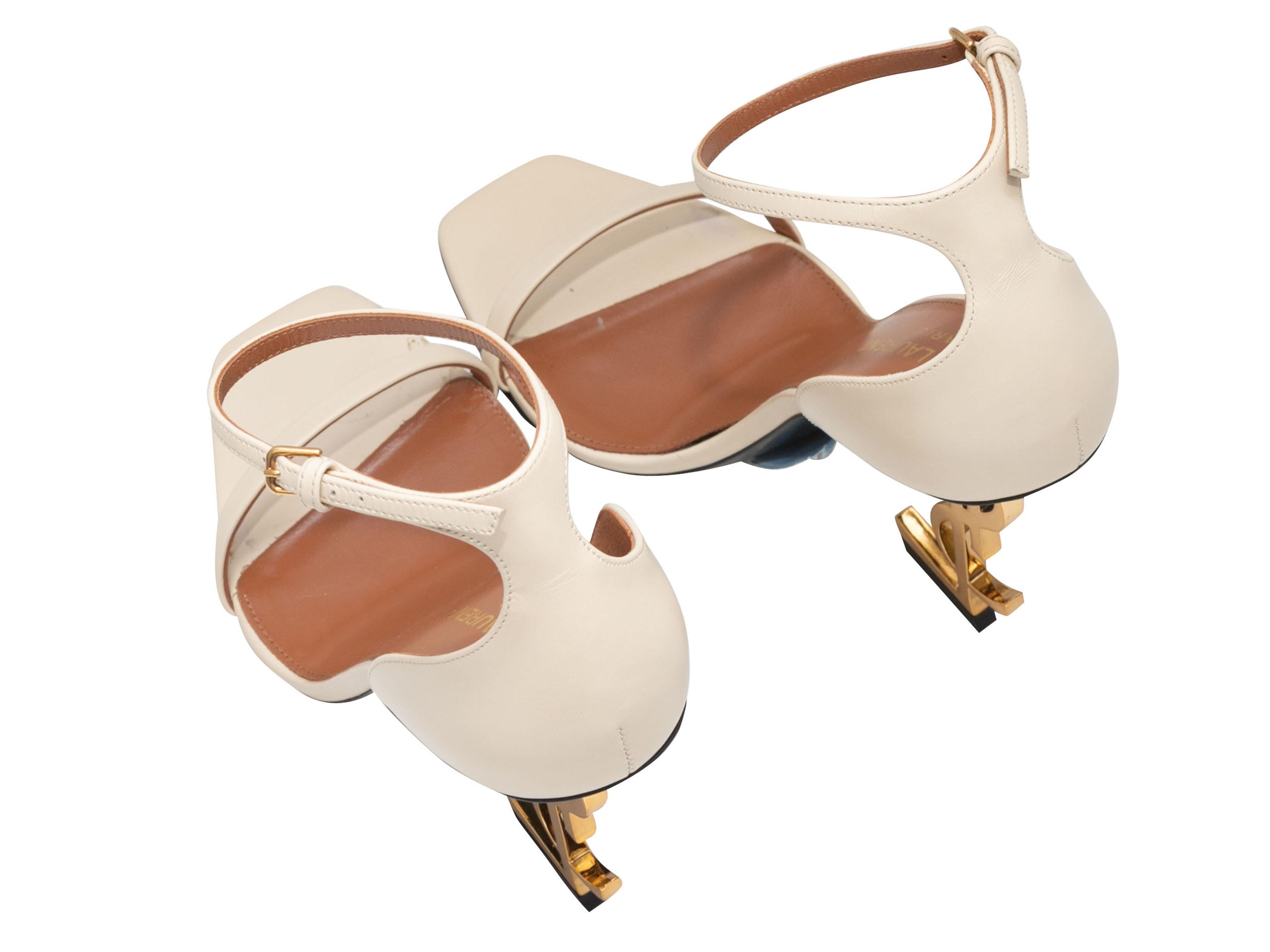 White Saint Laurent Opyum Logo Ankle Strap Heeled Sandals Size 37.5 In Good Condition For Sale In New York, NY