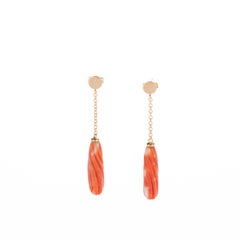 White Sallmon Carved Natural Coral Long Drop 18 Karat Gold Dangle Drop Earrings