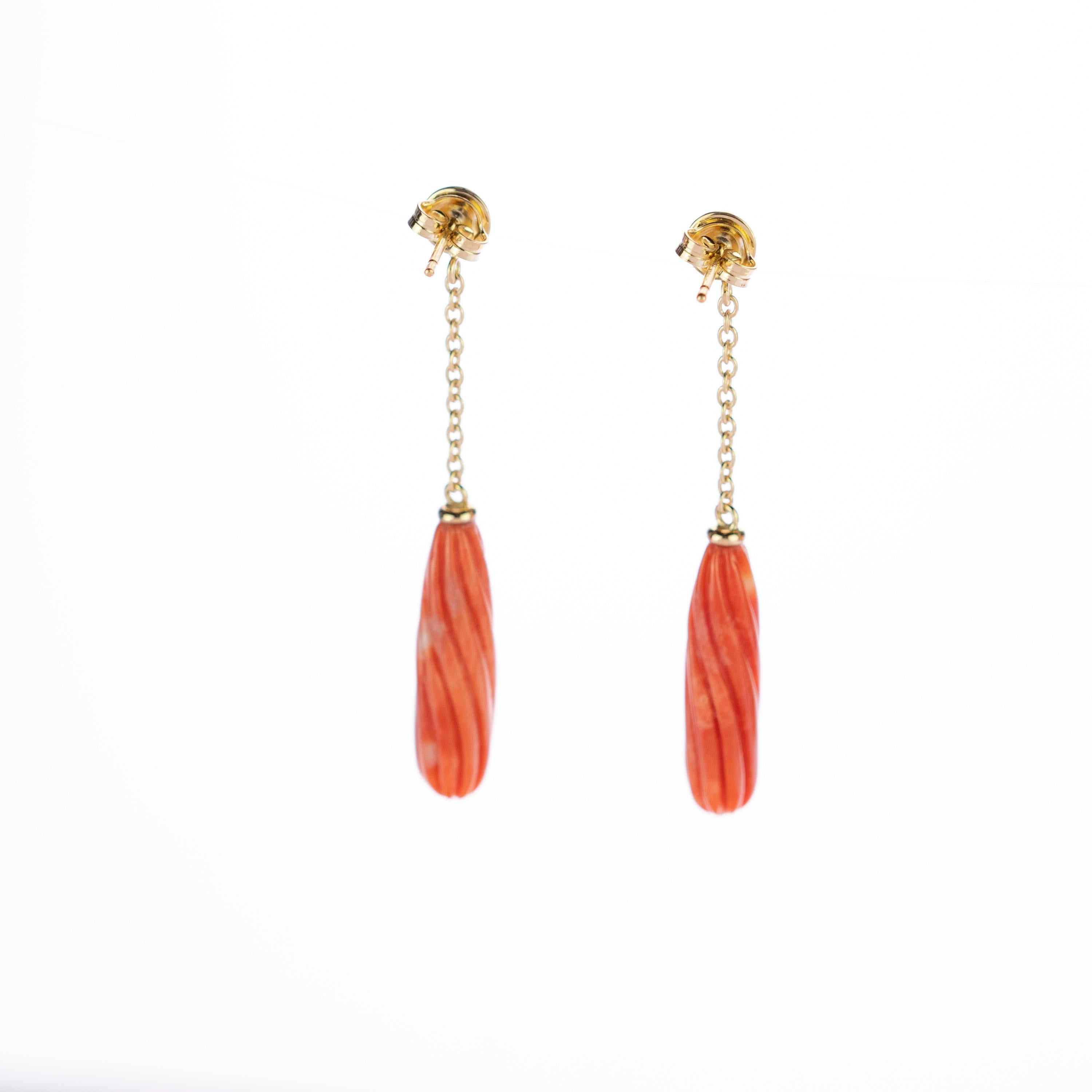 White Sallmon Carved Natural Coral Long Drop 18 Karat Gold Dangle Drop Earrings For Sale 3