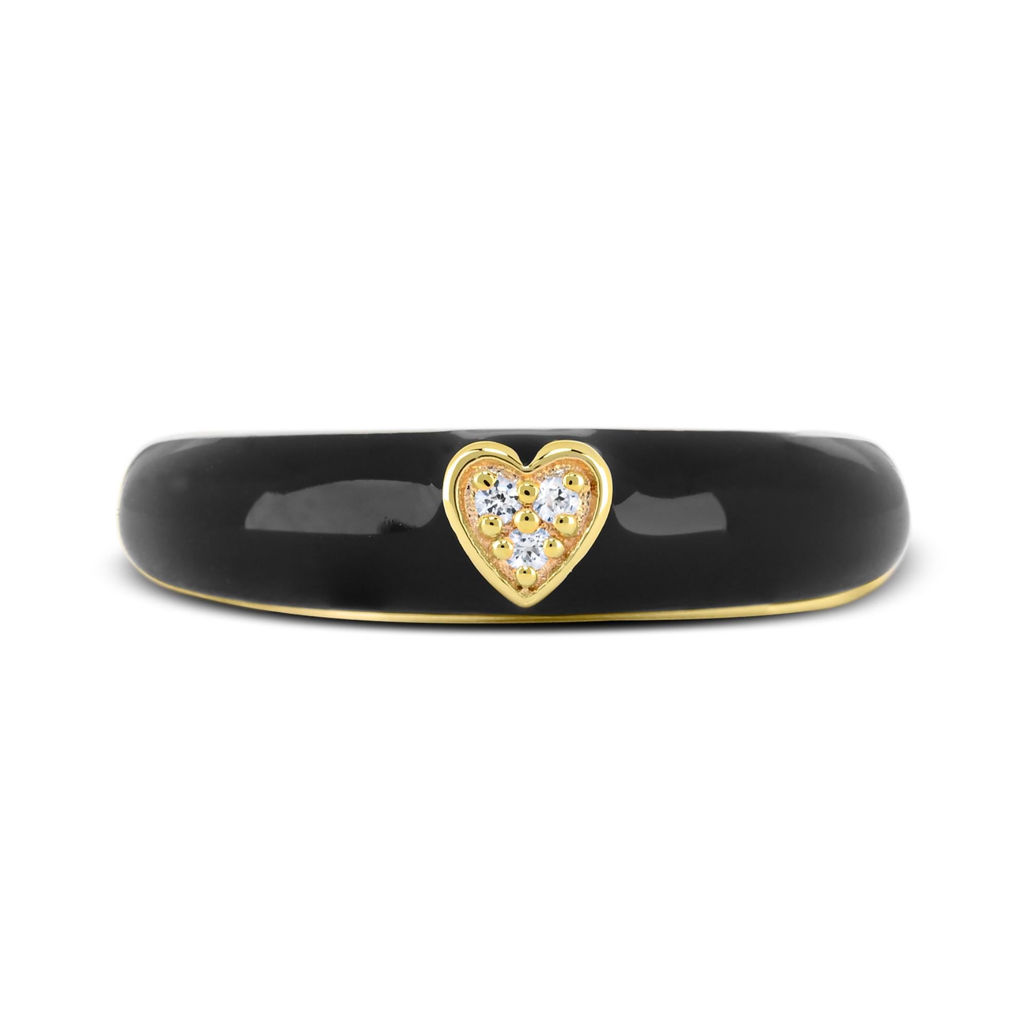 This elegant ring series features three created white sapphire pave set heart between black enamel shank on top of 14K yellow gold over sterling silver band ring. 

Metal: 14K Yellow Gold over Sterling Silver
Gems: Round Created White Sapphire -