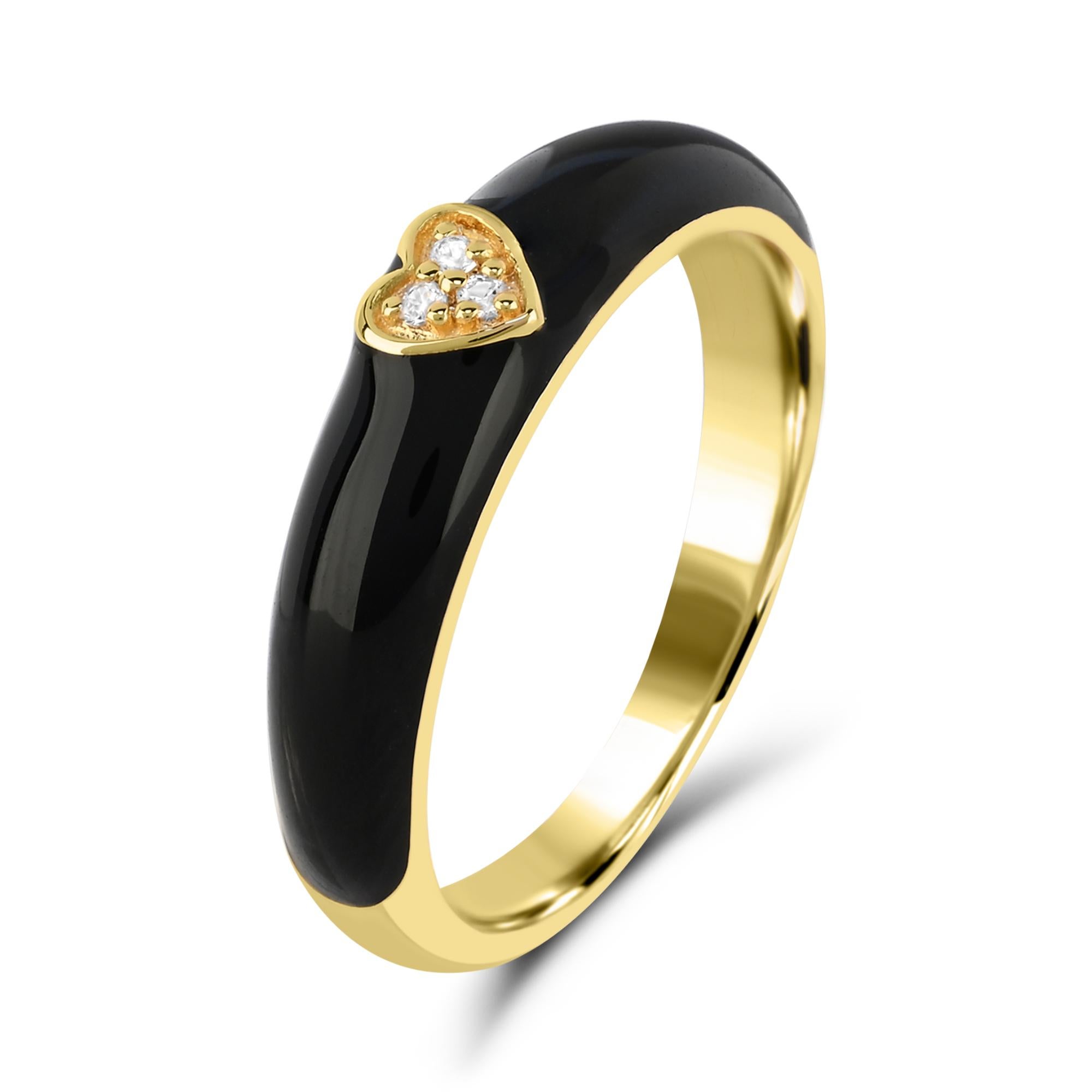 Contemporary White Sapphire Accent Black Enamel & 14K Yellow Gold Over Sterling Silver Ring  For Sale