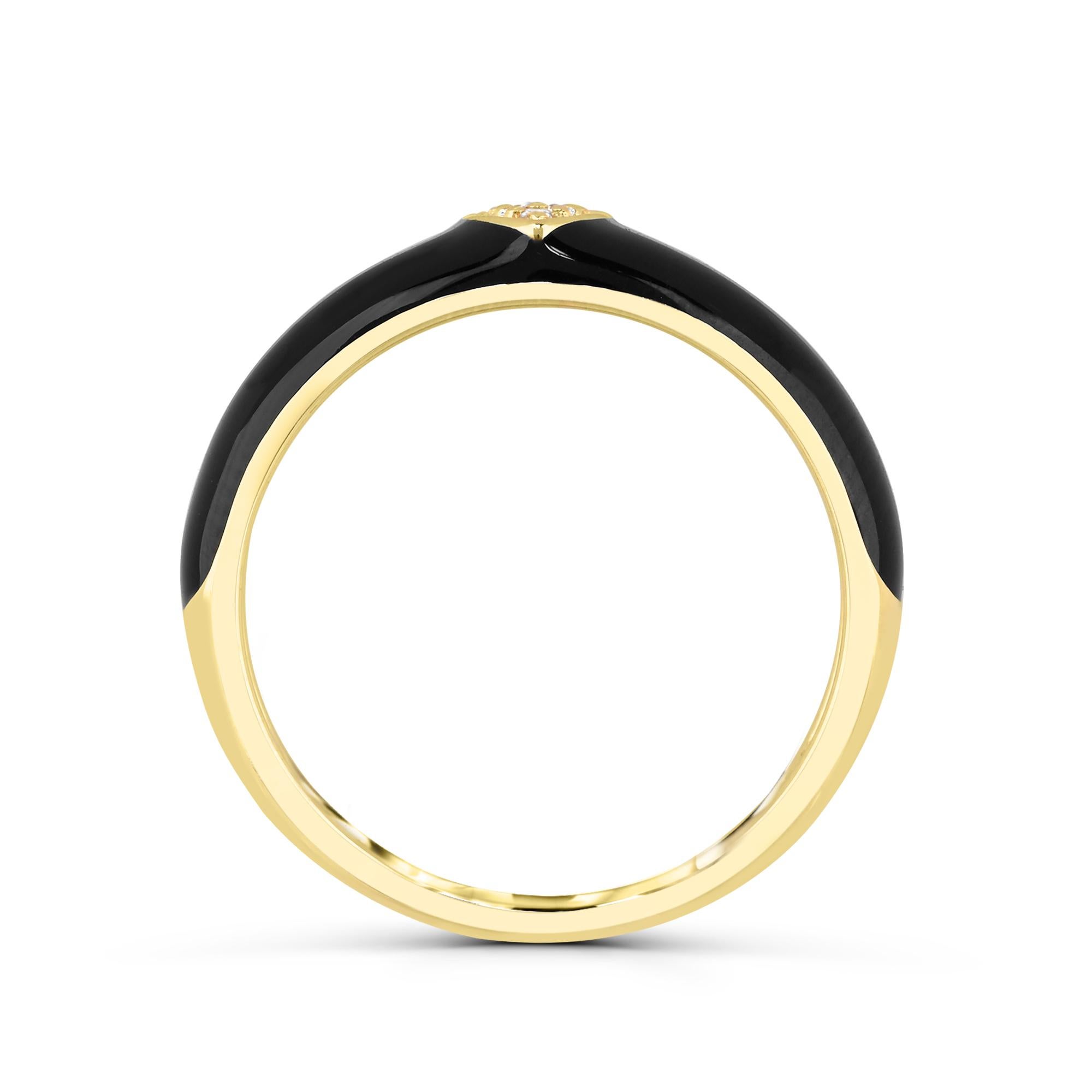 Round Cut White Sapphire Accent Black Enamel & 14K Yellow Gold Over Sterling Silver Ring  For Sale