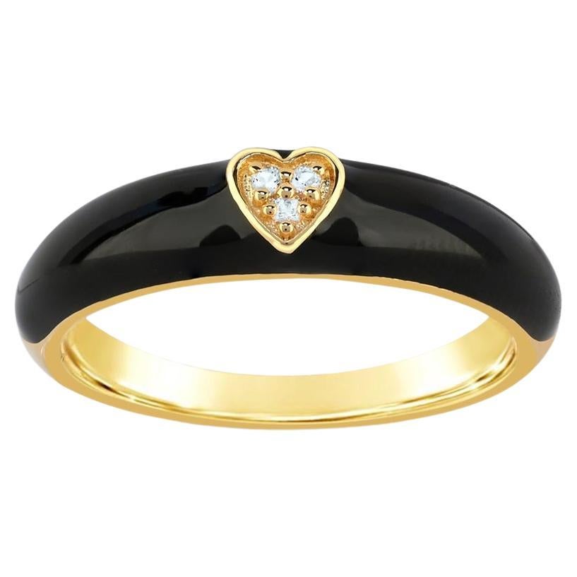 Bague en or jaune 14K sur argent sterling, ornée de saphirs blancs et d'émail noir 