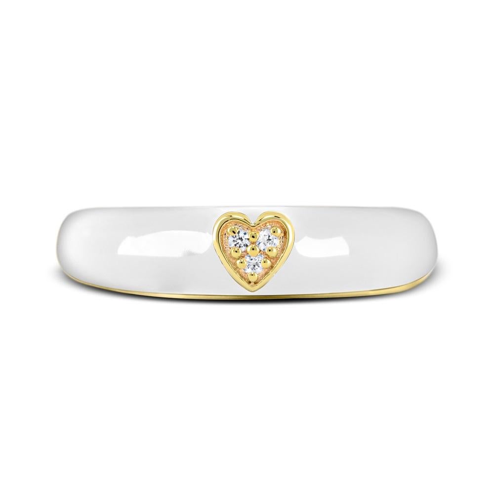 This elegant ring series features three created white sapphire pave set heart between white enamel shank on top of 14K yellow gold over sterling silver band ring. 

Metal: 14K Yellow Gold over Sterling Silver
Gems: Round Created White Sapphire -