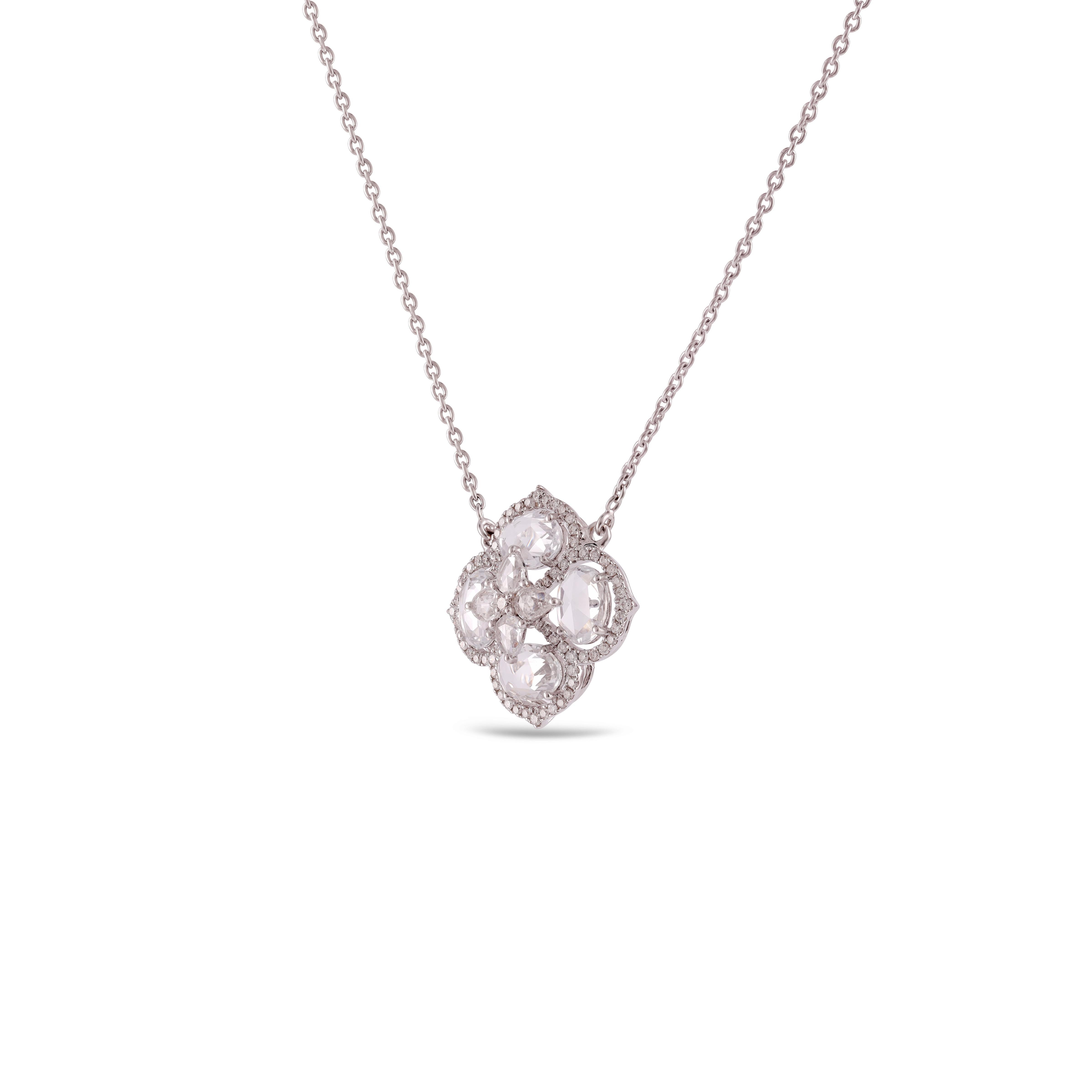 18 Karat White Gold And Diamond
This beautiful pendant is made from Floral shape White colour Sapphire 3.04 And Diamond 0.62 Carats
White Gold 6.18 Grams.
