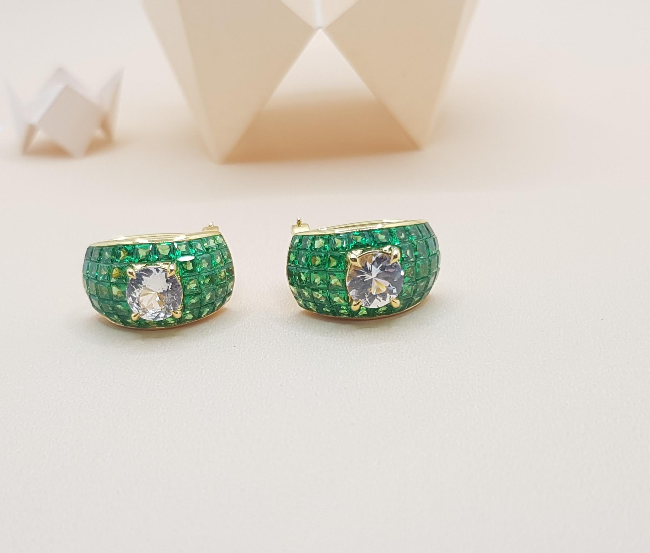 Women's White Sapphire and Invisible Setting of Tsavorite Earrings in 18k Gold Settings For Sale